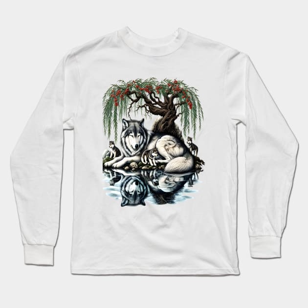 Serene Wolf Family Oasis in Idyllic Nature Long Sleeve T-Shirt by coollooks